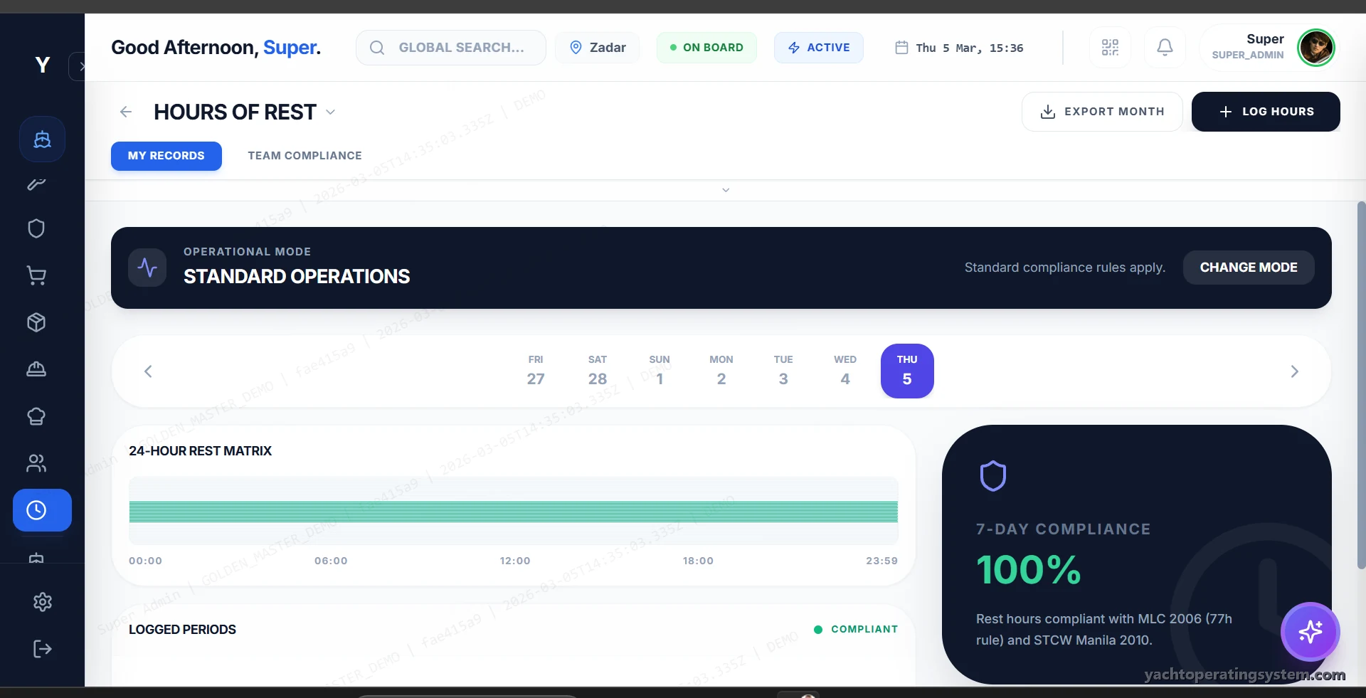 YOS crew hours of rest tracking with 24-hour rest matrix showing MLC 2006 and STCW compliance at 100 percent