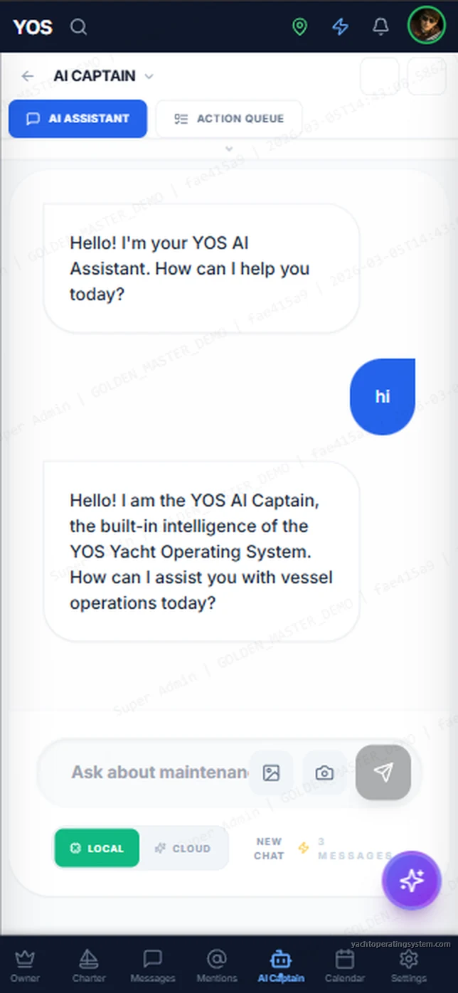 YOS mobile AI Captain chat assistant with local and cloud processing for yacht operations queries