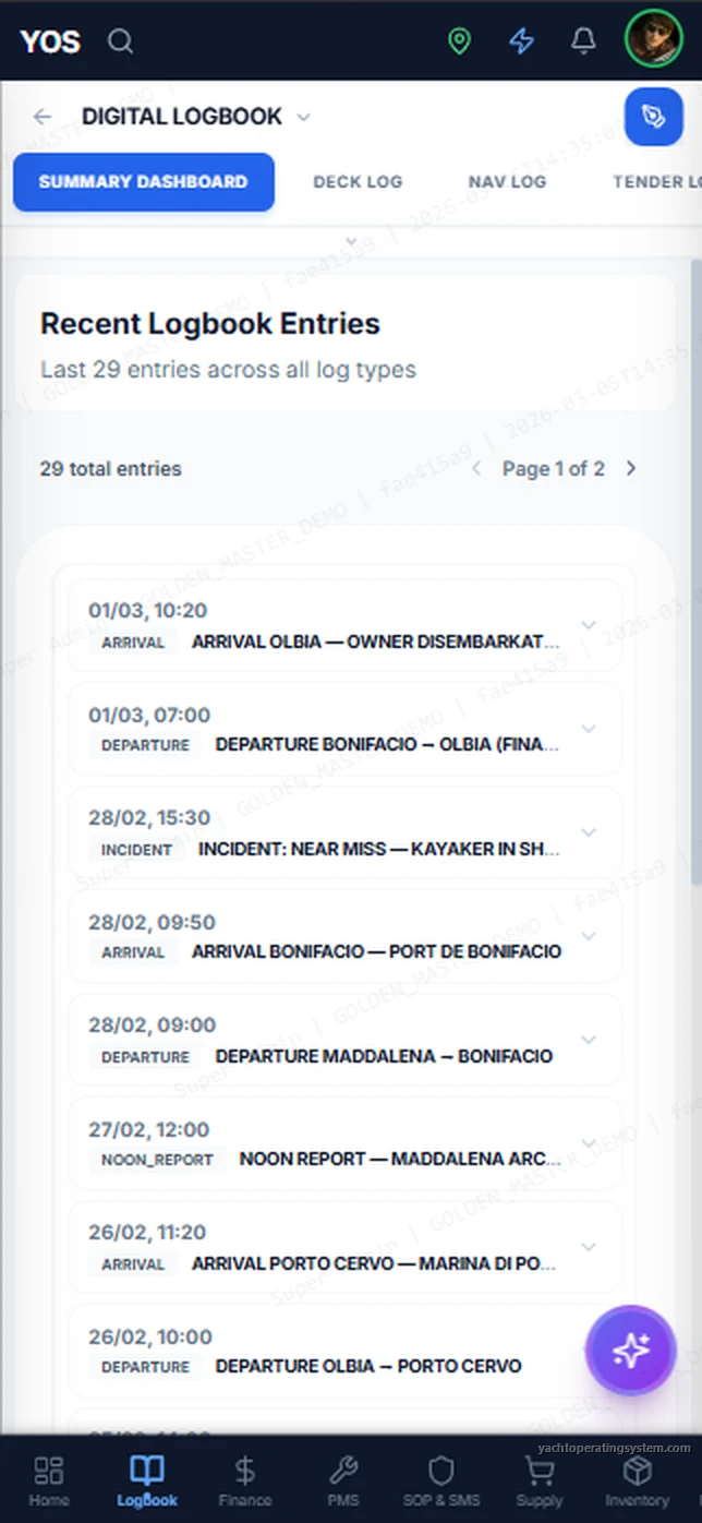 YOS mobile digital logbook showing recent entries including arrivals, departures, incidents, and noon reports