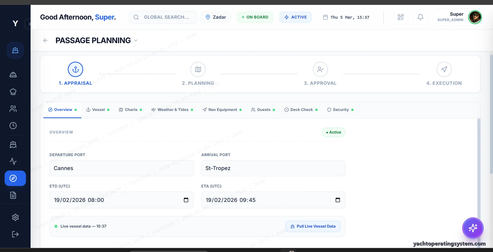 YOS passage planning appraisal with live vessel data integration and SOLAS compliance checklist