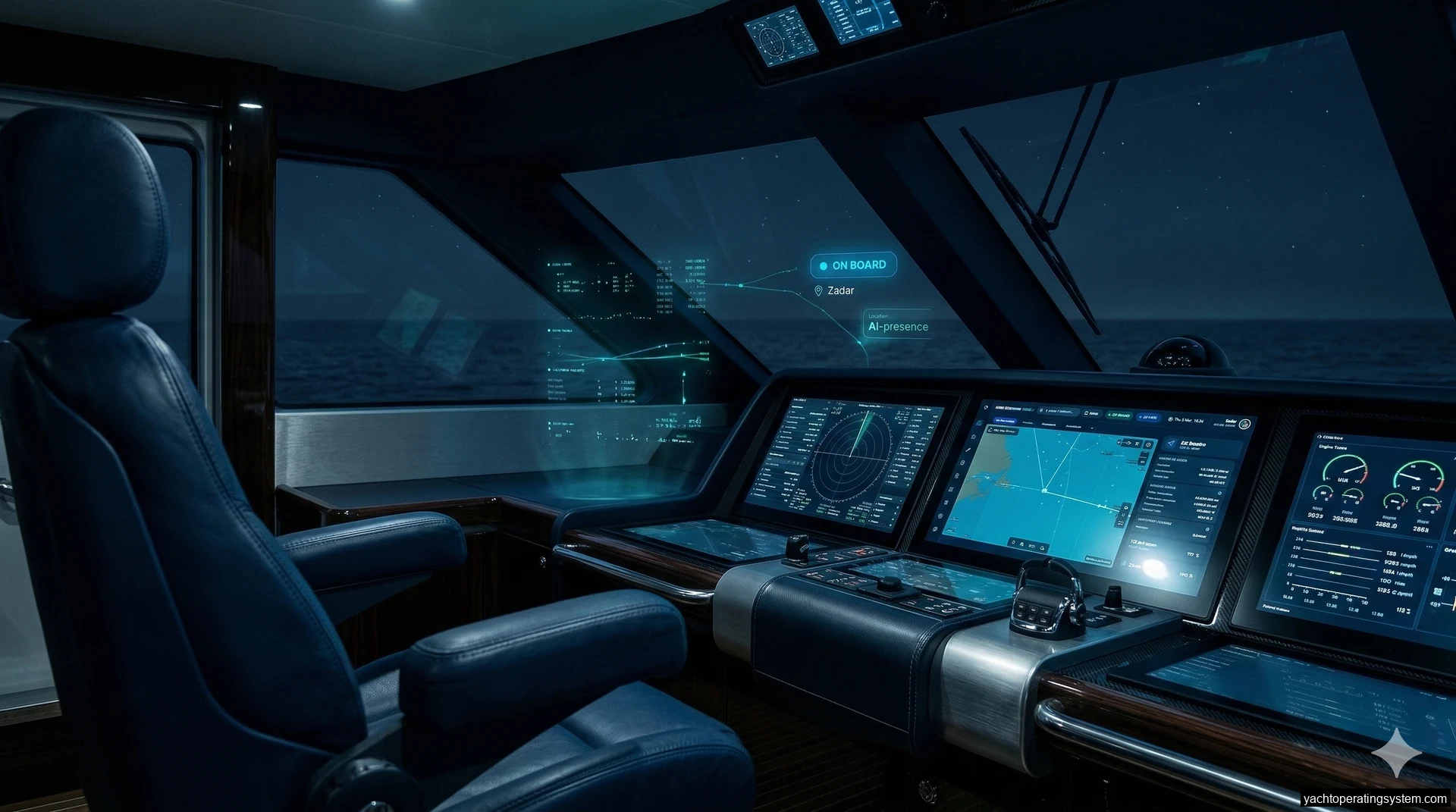 Modern superyacht bridge helm with integrated navigation screens and AI-assisted monitoring