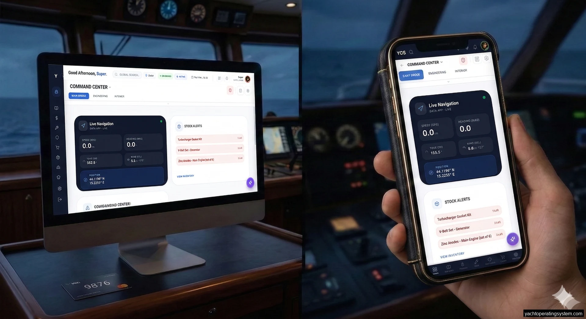 YOS yacht management dashboard on desktop and mobile showing live navigation, stock alerts, and vessel status on a yacht bridge