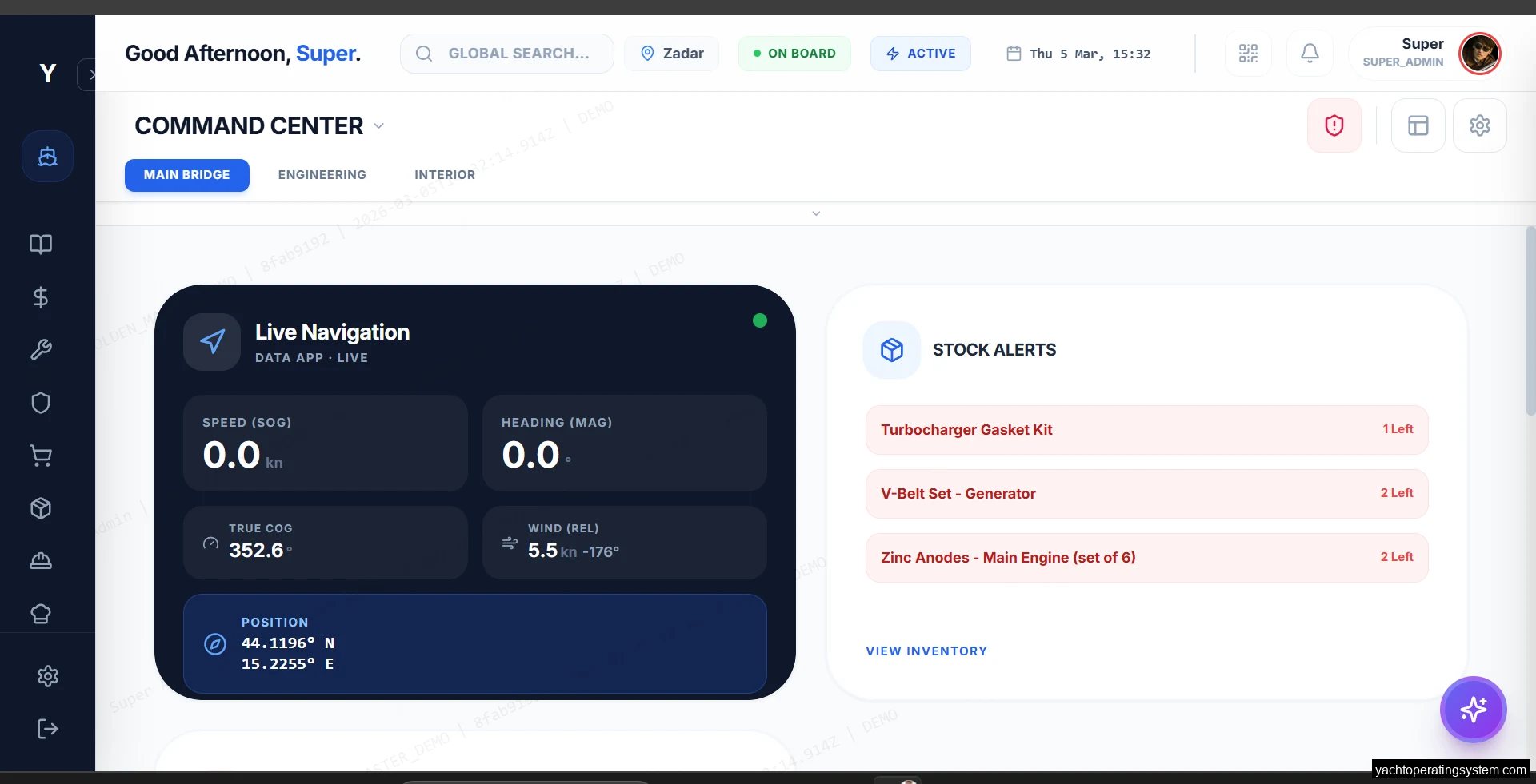 YOS yacht management dashboard showing live navigation data including speed, heading, course, wind, and GPS position